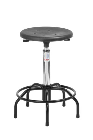 Sigma Spider taburet med sort polyuretan-sæde, kompakt base og integreret fodring – ergonomisk arbejdsstol med støtte og stabilitet.