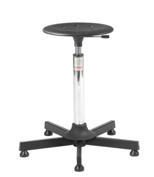 Kappa Stella taburet med sort plastiksæde, stålbase og glidesko – ergonomisk arbejdsstol til krævende miljøer.