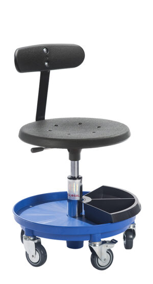 Montørstol Sigma 400P med slagfast plastbase, formstøbt PU-sæde, ryglæn og værktøjsskuffer.