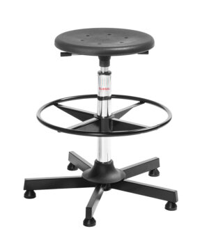 Stella taburet med sort Sigma polyurethan-sæde og sort stål-fodkryds, komplet monteret.