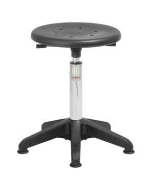 Octopus taburet med sort Sigma polyurethan‑sæde og sort plastbase med glidesko.