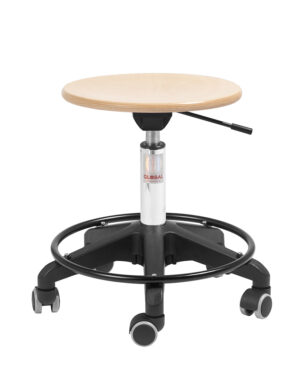 Taburet med Octopus-base, lav gaspatron, Jupiter-sæde i lakeret plywood og letløbende hjul.